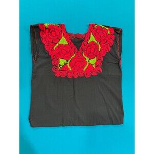 Women's Black Mexican Embroidered Floral Peasant Blouse Top XS-S